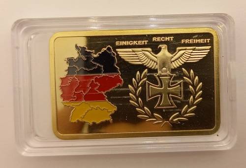 Collectable 24k Gold Plated Nazi Eagle + Iron Cross Bar Germany in Capsule 44x3mm