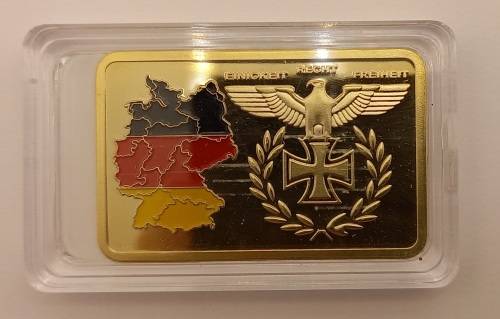 Collectable 24k Gold Plated Nazi Eagle + Iron Cross Bar Germany in Capsule 44x3mm