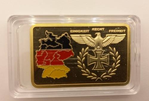 Collectable 24k Gold Plated Nazi Eagle + Iron Cross Bar Germany in Capsule 44x3mm