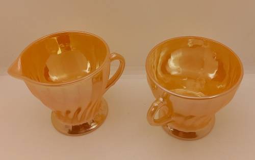 1940 -1950s Vintage Anchor Hocking Fire-King Glass Peach Lusterware Sugar Bowl and Creamer-USA