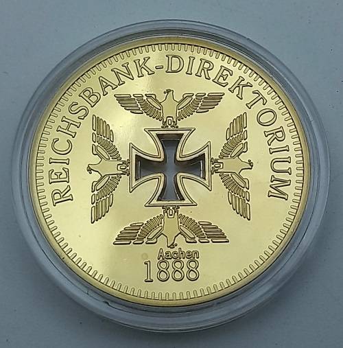 Rare Collectable 24k Gold Plated  1888 Nazi Eagle + Iron Cross Coin Reichsbank Germany in Capsule