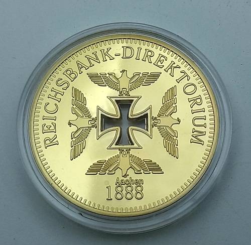Rare Collectable 24k Gold Plated  1888 Nazi Eagle + Iron Cross Coin Reichsbank Germany in Capsule
