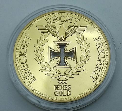 Rare Collectable 24k Gold Plated  1888 Nazi Eagle + Iron Cross Coin Reichsbank Germany in Capsule