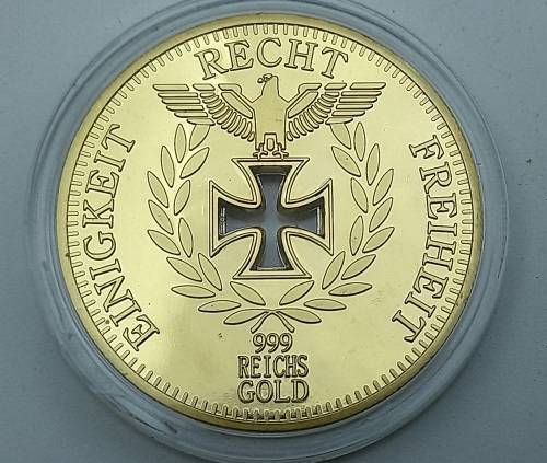 Rare Collectable 24k Gold Plated  1888 Nazi Eagle + Iron Cross Coin Reichsbank Germany in Capsule