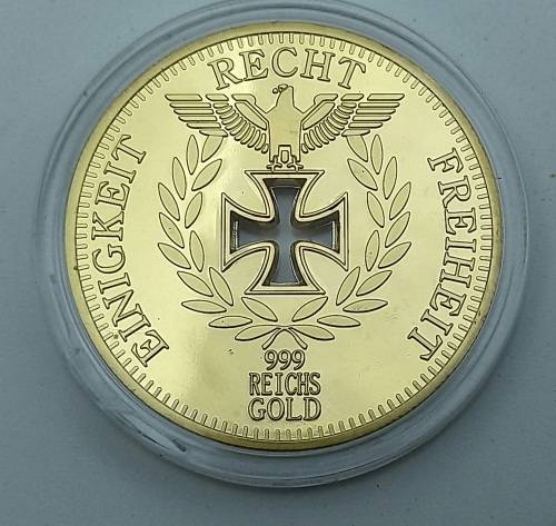 Rare Collectable 24k Gold Plated  1888 Nazi Eagle + Iron Cross Coin Reichsbank Germany in Capsule