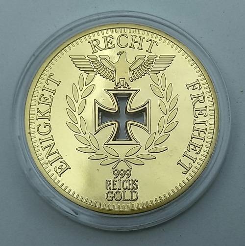 Rare Collectable 24k Gold Plated  1888 Nazi Eagle + Iron Cross Coin Reichsbank Germany in Capsule