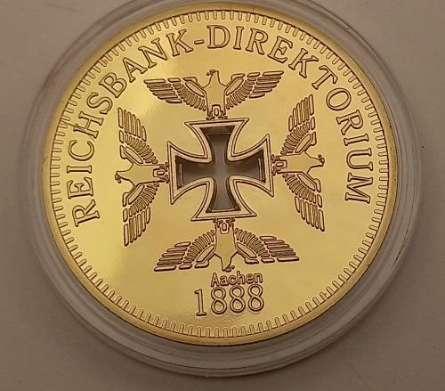 Rare Collectable 24k Gold Plated  1888 Nazi Eagle + Iron Cross Coin Reichsbank Germany in Capsule