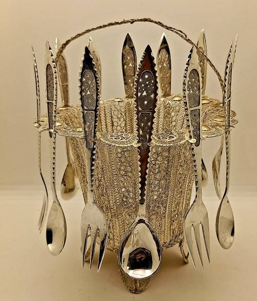 24pc Vintage SILVER(.830) Cake Forks and Tea spoons on stand (over 360 grams without the stand )