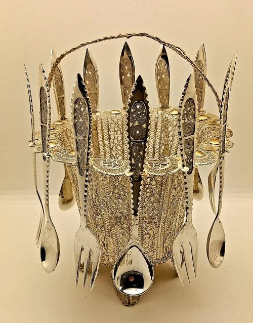 24pc Vintage SILVER(.830) Cake Forks and Tea spoons on stand (over 360 grams without the stand )