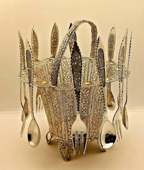 24pc Vintage SILVER(.830) Cake Forks and Tea spoons on stand (over 360 grams without the stand )