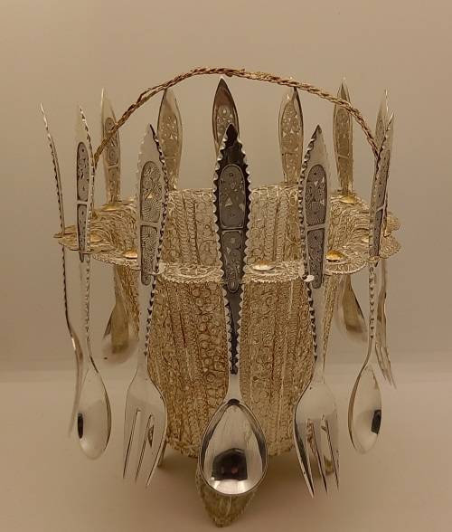 24pc Vintage SILVER(.830) Cake Forks and Tea spoons on stand (over 360 grams without the stand )