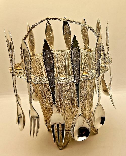 24pc Vintage SILVER(.830) Cake Forks and Tea spoons on stand (over 360 grams without the stand )