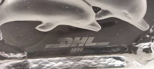 1996 DHL Glass / Crystal DOLPHINS Paperweight 109x210x30mm  885 grams