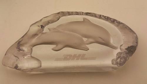 1996 DHL Glass / Crystal DOLPHINS Paperweight 109x210x30mm  885 grams