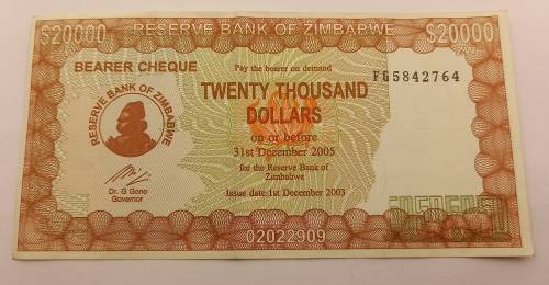 2003-  Zimbabwe 20 000 Dollars Emergency Bearer Cheque (Uncirculated)