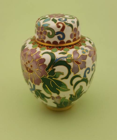 Vintage Miniature Cloisonne Chinese Enamel Gold Gilded Metal Ginger Jar -70x60mm