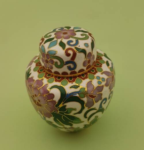 Vintage Miniature Cloisonne Chinese Enamel Gold Gilded Metal Ginger Jar -70x60mm