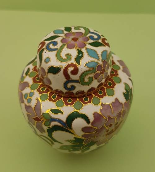 Vintage Miniature Cloisonne Chinese Enamel Gold Gilded Metal Ginger Jar -70x60mm