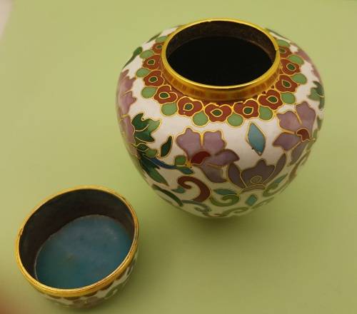 Vintage Miniature Cloisonne Chinese Enamel Gold Gilded Metal Ginger Jar -70x60mm