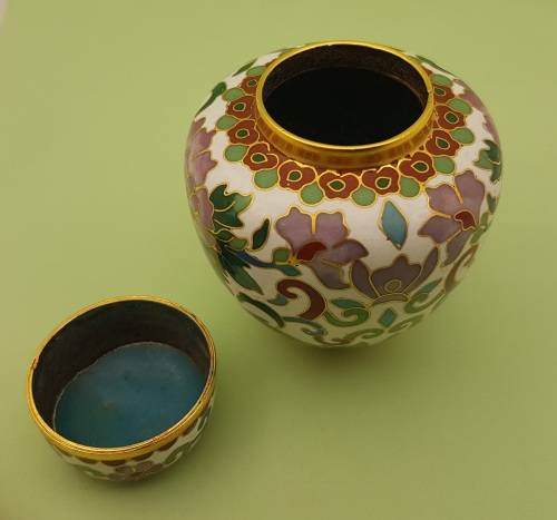 Vintage Miniature Cloisonne Chinese Enamel Gold Gilded Metal Ginger Jar -70x60mm