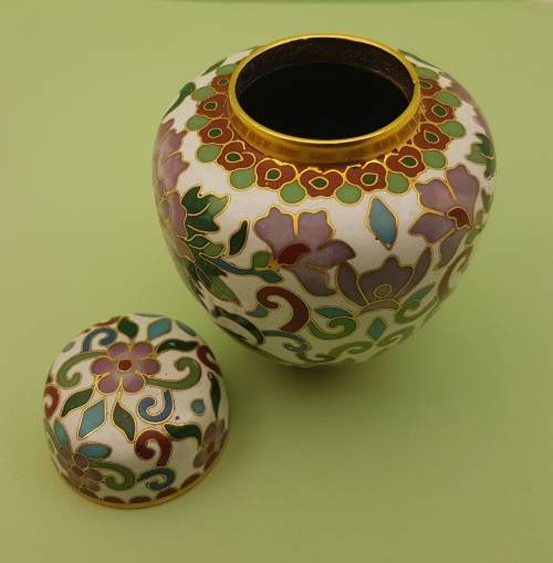 Vintage Miniature Cloisonne Chinese Enamel Gold Gilded Metal Ginger Jar -70x60mm
