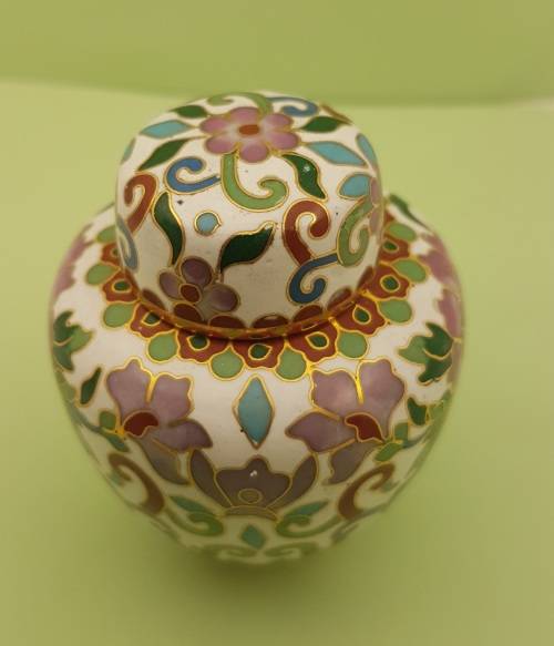 Vintage Miniature Cloisonne Chinese Enamel Gold Gilded Metal Ginger Jar -70x60mm