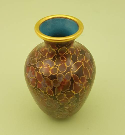 Vintage Miniature Cloisonne Chinese Enamel Gold Gilded Metal Vase -68x45mm