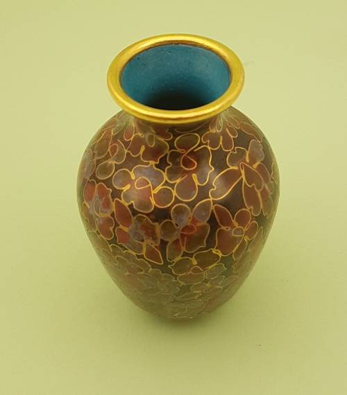 Vintage Miniature Cloisonne Chinese Enamel Gold Gilded Metal Vase -68x45mm