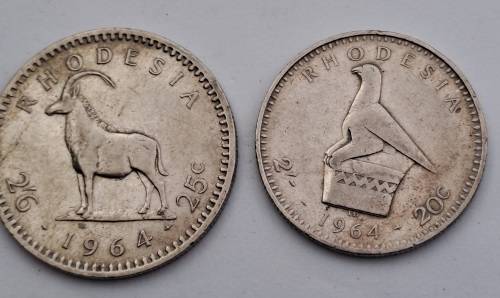 1964 Rhodesia coins 25c(2½ Shillings ),20c( 2 Shillings),10c(1 shilling)and sixpence