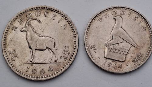 1964 Rhodesia coins 25c(2½ Shillings ),20c( 2 Shillings),10c(1 shilling)and sixpence