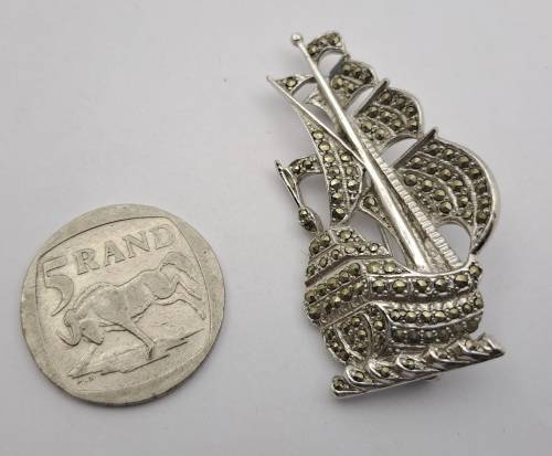 Vintage white Metal Brooch -Ship - 52x28mm