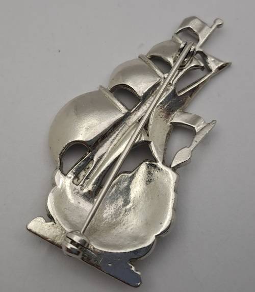 Vintage white Metal Brooch -Ship - 52x28mm
