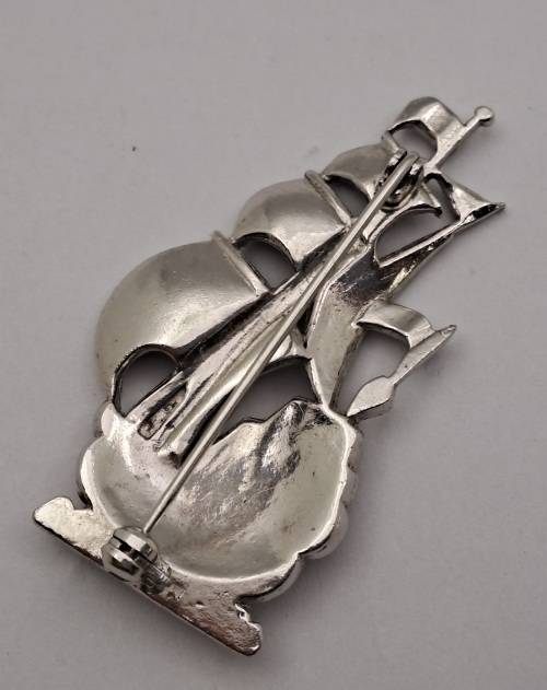 Vintage white Metal Brooch -Ship - 52x28mm