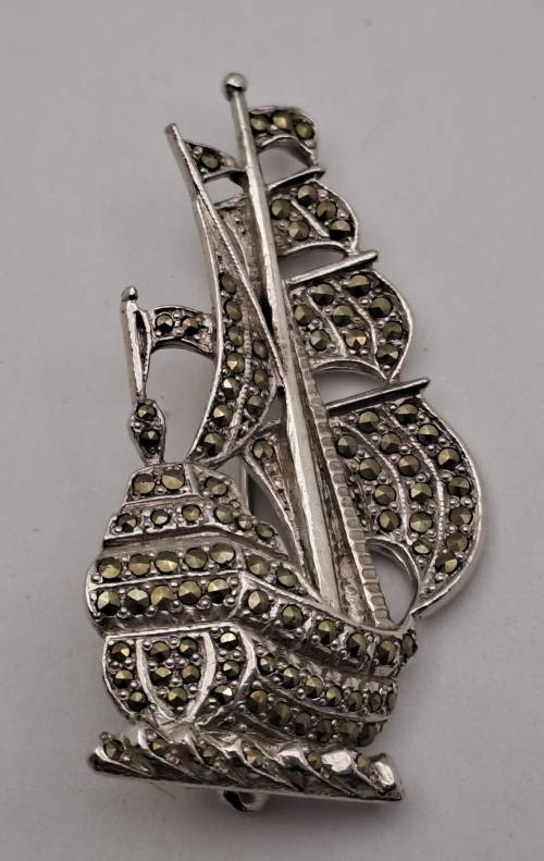Vintage white Metal Brooch -Ship - 52x28mm
