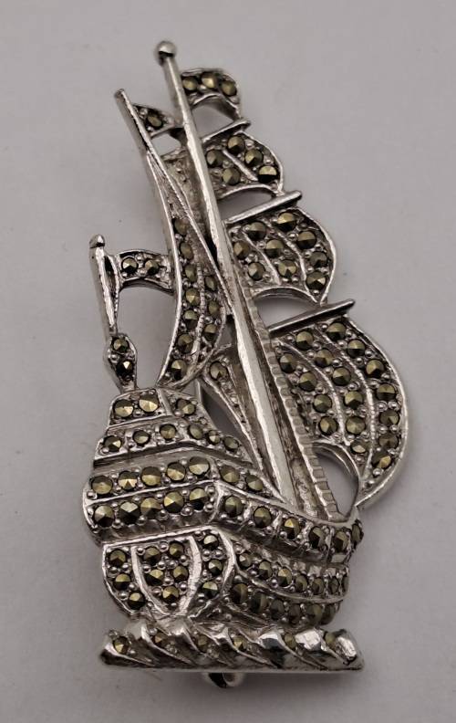 Vintage white Metal Brooch -Ship - 52x28mm