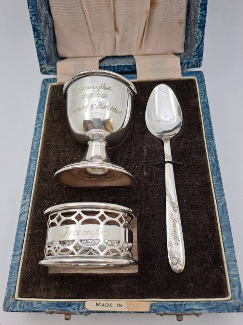 Vintage 1950's Boxed Silver-Plate Christening set (engraved Jennifer)