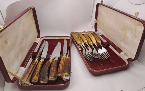 12pc Vintage `Lasher` Taylor`s Eye Witness Sheffield England Cutlery set with Antler Handles-Boxed