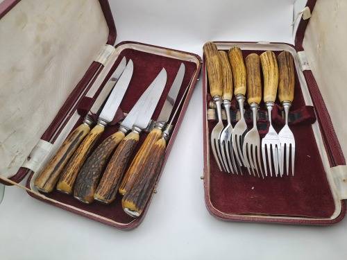 12pc Vintage `Lasher` Taylor`s Eye Witness Sheffield England Cutlery set with Antler Handles-Boxed