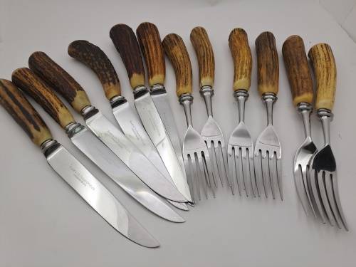 12pc Vintage `Lasher` Taylor`s Eye Witness Sheffield England Cutlery set with Antler Handles-Boxed