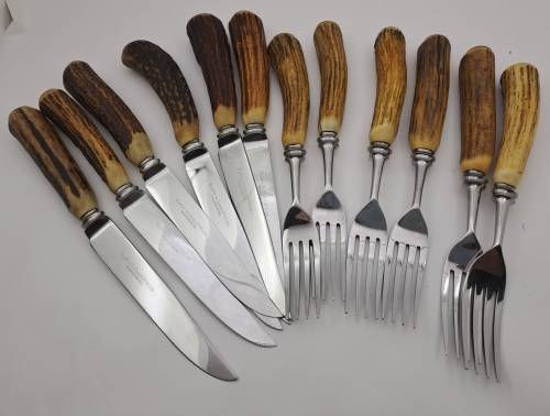 12pc Vintage `Lasher` Taylor`s Eye Witness Sheffield England Cutlery set with Antler Handles-Boxed