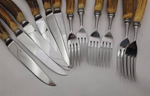 12pc Vintage `Lasher` Taylor`s Eye Witness Sheffield England Cutlery set with Antler Handles-Boxed