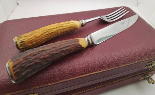 12pc Vintage `Lasher` Taylor`s Eye Witness Sheffield England Cutlery set with Antler Handles-Boxed