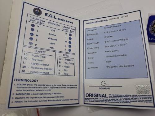 E.G.L Certified 2,250 ct Natural Tanzanite -Emerald-Blue-Violet/ Green,-full report -in Capsule