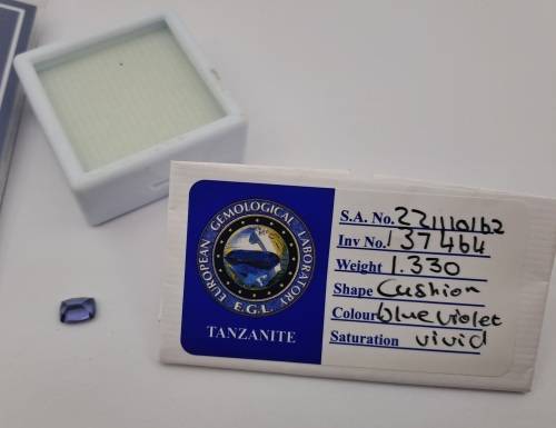 E.G.L Certified 1,330 ct Natural Tanzanite -Cushion -Blue-Violet Vivid AAA,-full report -in Capsule