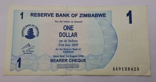 2006 Zimbabwe 1 Dollar Bearer Cheque