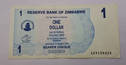 2006 Zimbabwe 1 Dollar Bearer Cheque