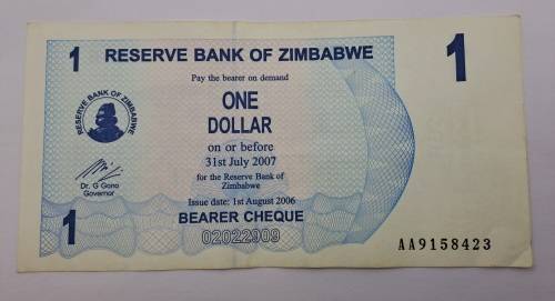 2006 Zimbabwe 1 Dollar Bearer Cheque