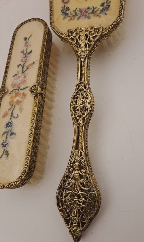 Pair of Vintage Embroidered Brass dressing Table brushes