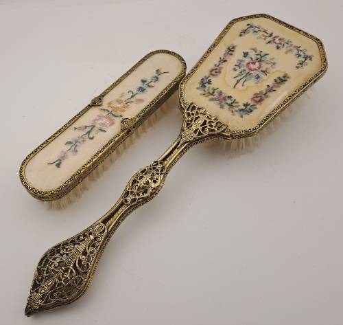 Pair of Vintage Embroidered Brass dressing Table brushes