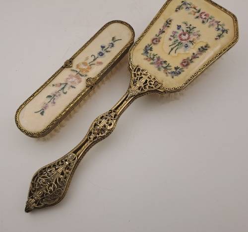 Pair of Vintage Embroidered Brass dressing Table brushes